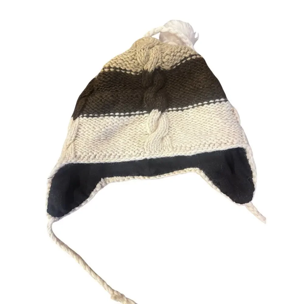 Sherpa Lined Knit Earflap Hat Pom Tassels Winter Boho Ski Beanie One Size